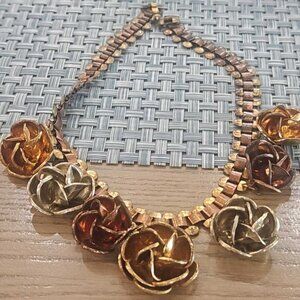VTG Mixed Metal Articulated Link Statement Sculptured Rose Necklace 16" MCM